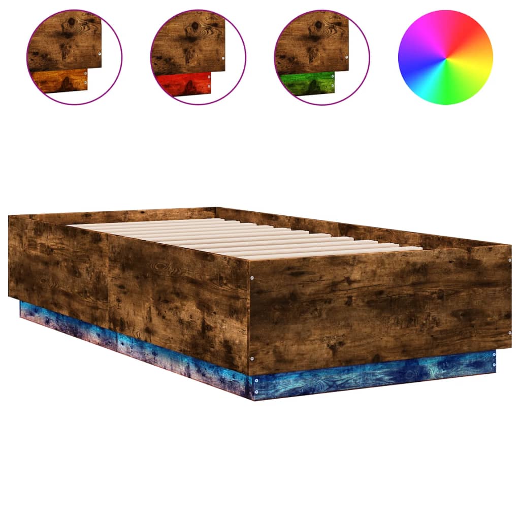 vidaXL Rama łóżka z LED, przydymiony dąb, 75x190 cm