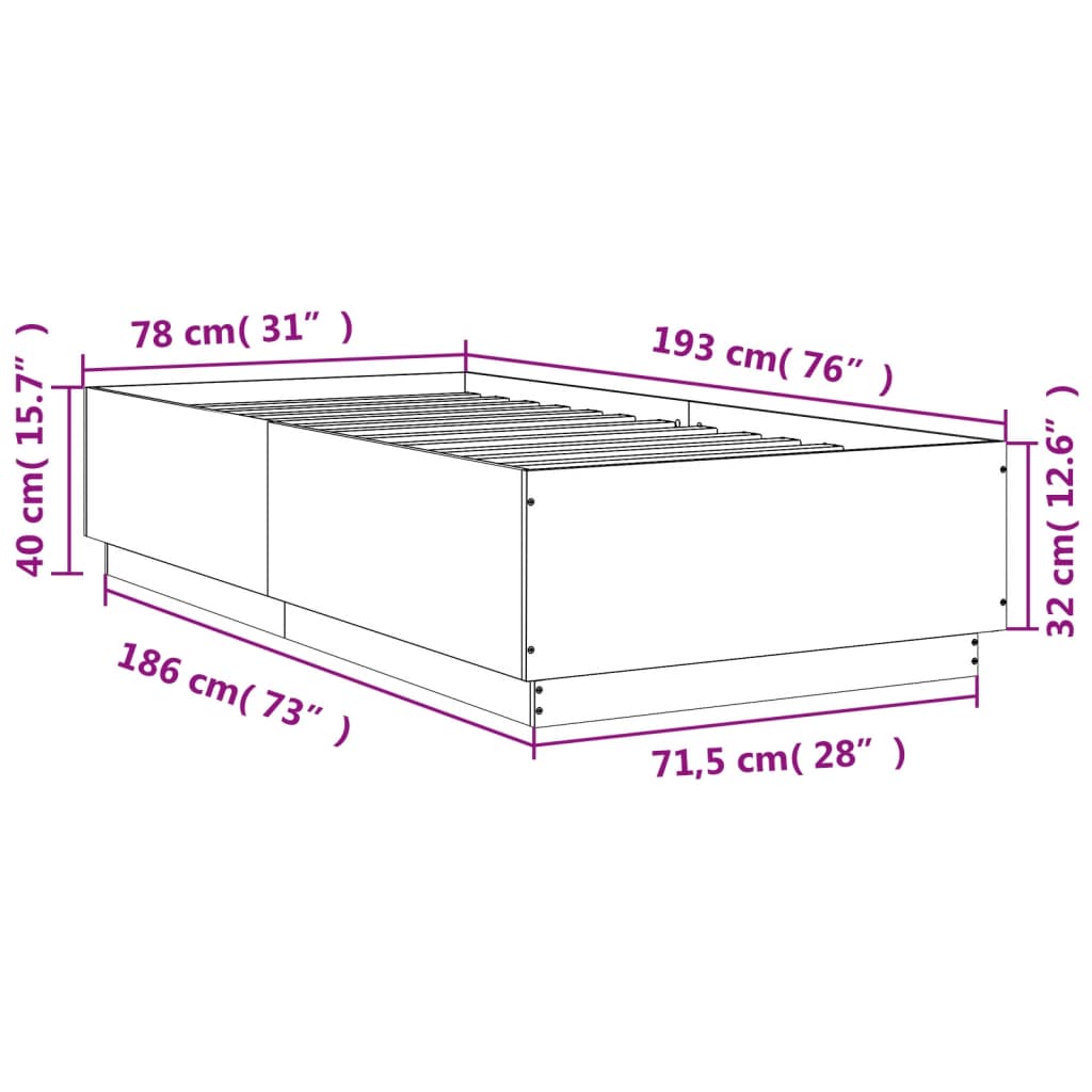 vidaXL Rama łóżka, szarość betonu, 75x190 cm, materiał drewnopochodny
