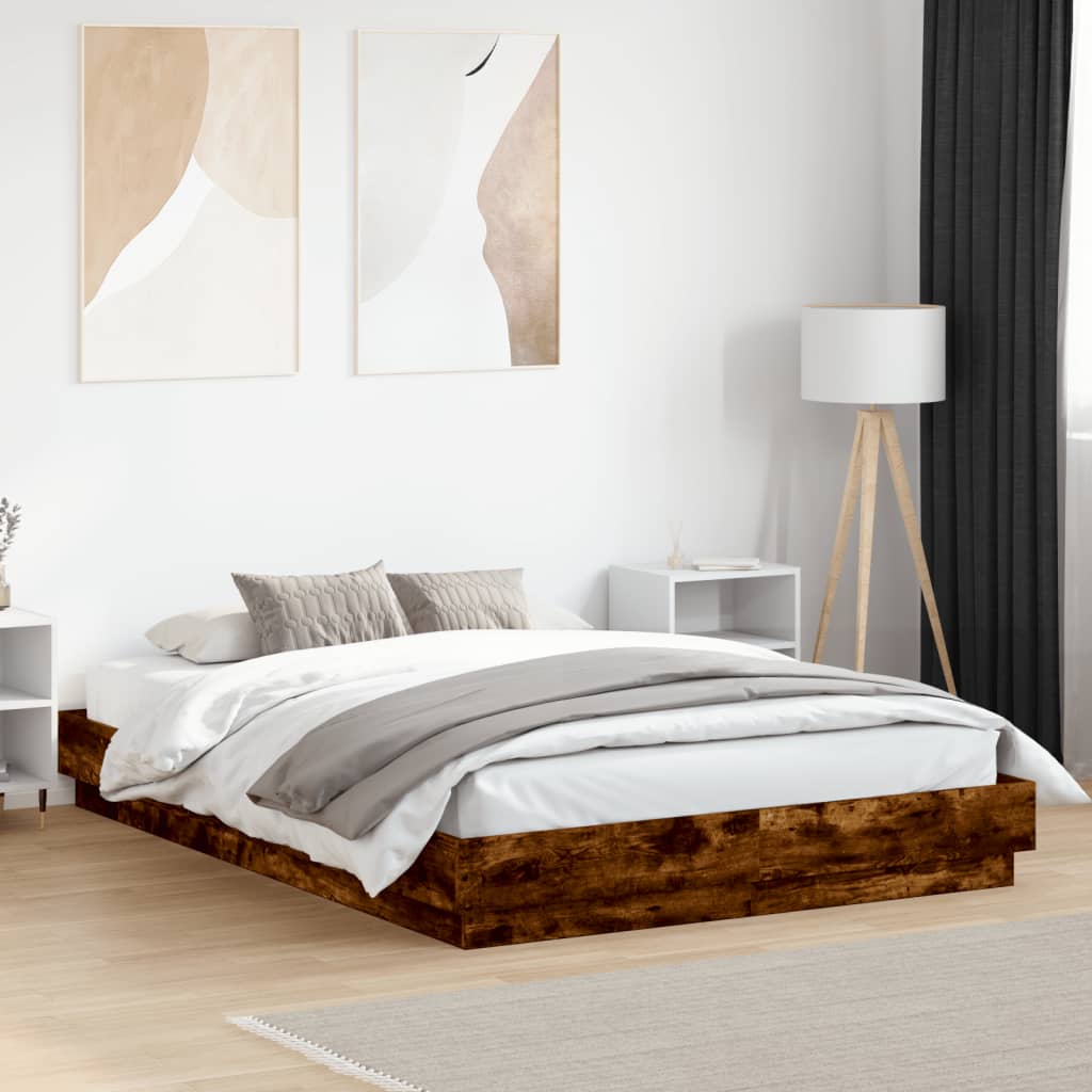 vidaXL Rama łóżka z oświetleniem LED, przydymiony dąb, 140x200 cm