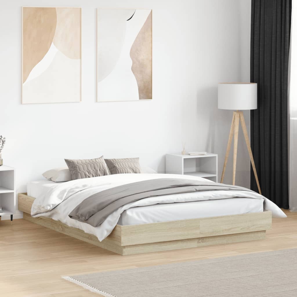 vidaXL Rama łóżka z oświetleniem LED, dąb sonoma, 135x190 cm