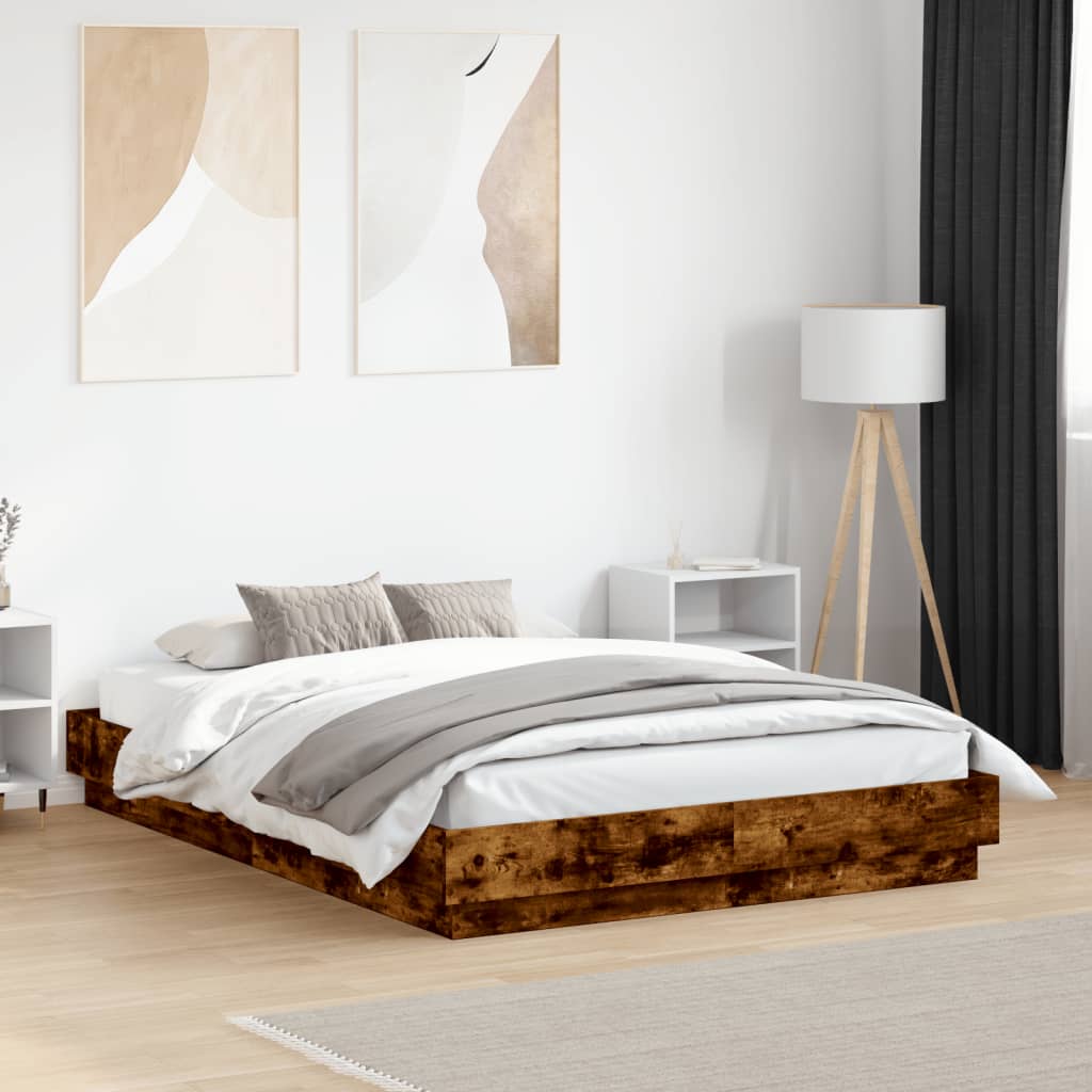 vidaXL Rama łóżka z oświetleniem LED, przydymiony dąb, 120x190 cm