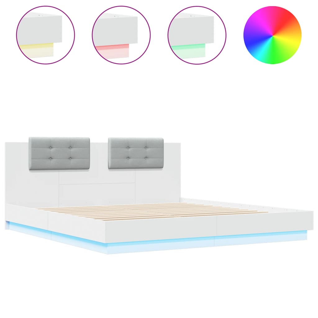 vidaXL Rama łóżka z wezgłowiem i LED, biała, 200x200 cm