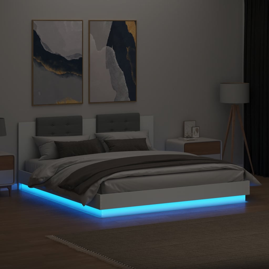 vidaXL Rama łóżka z wezgłowiem i LED, biała, 200x200 cm