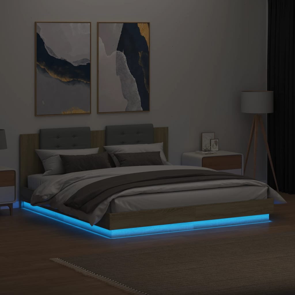 vidaXL Rama łóżka z wezgłowiem i LED, dąb sonoma, 200x200 cm