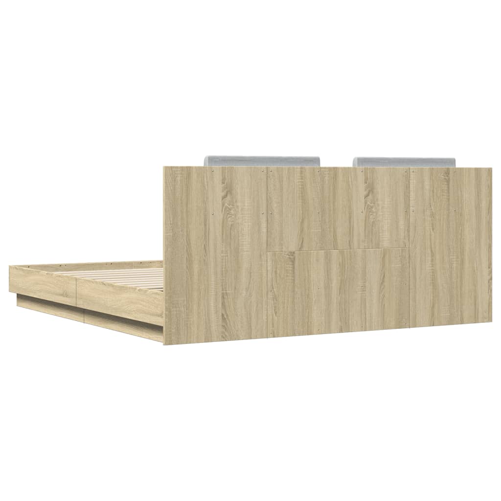 vidaXL Rama łóżka z wezgłowiem i LED, dąb sonoma, 200x200 cm