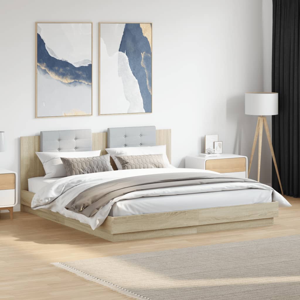 vidaXL Rama łóżka z wezgłowiem i LED, dąb sonoma, 200x200 cm