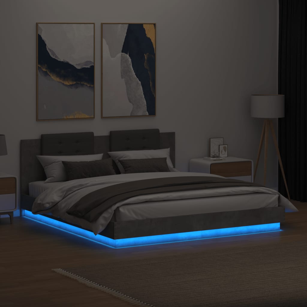 vidaXL Rama łóżka z wezgłowiem i LED, szarość betonu, 200x200 cm