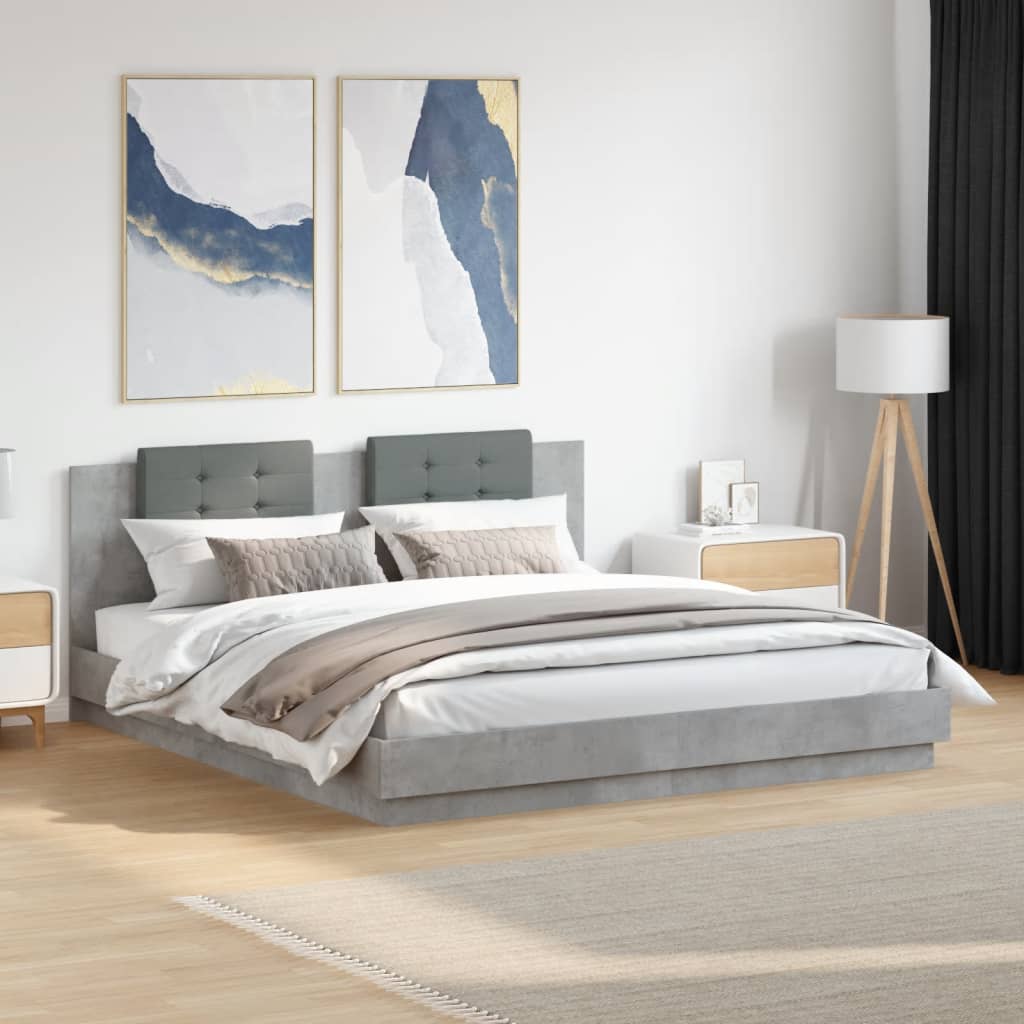 vidaXL Rama łóżka z wezgłowiem i LED, szarość betonu, 200x200 cm