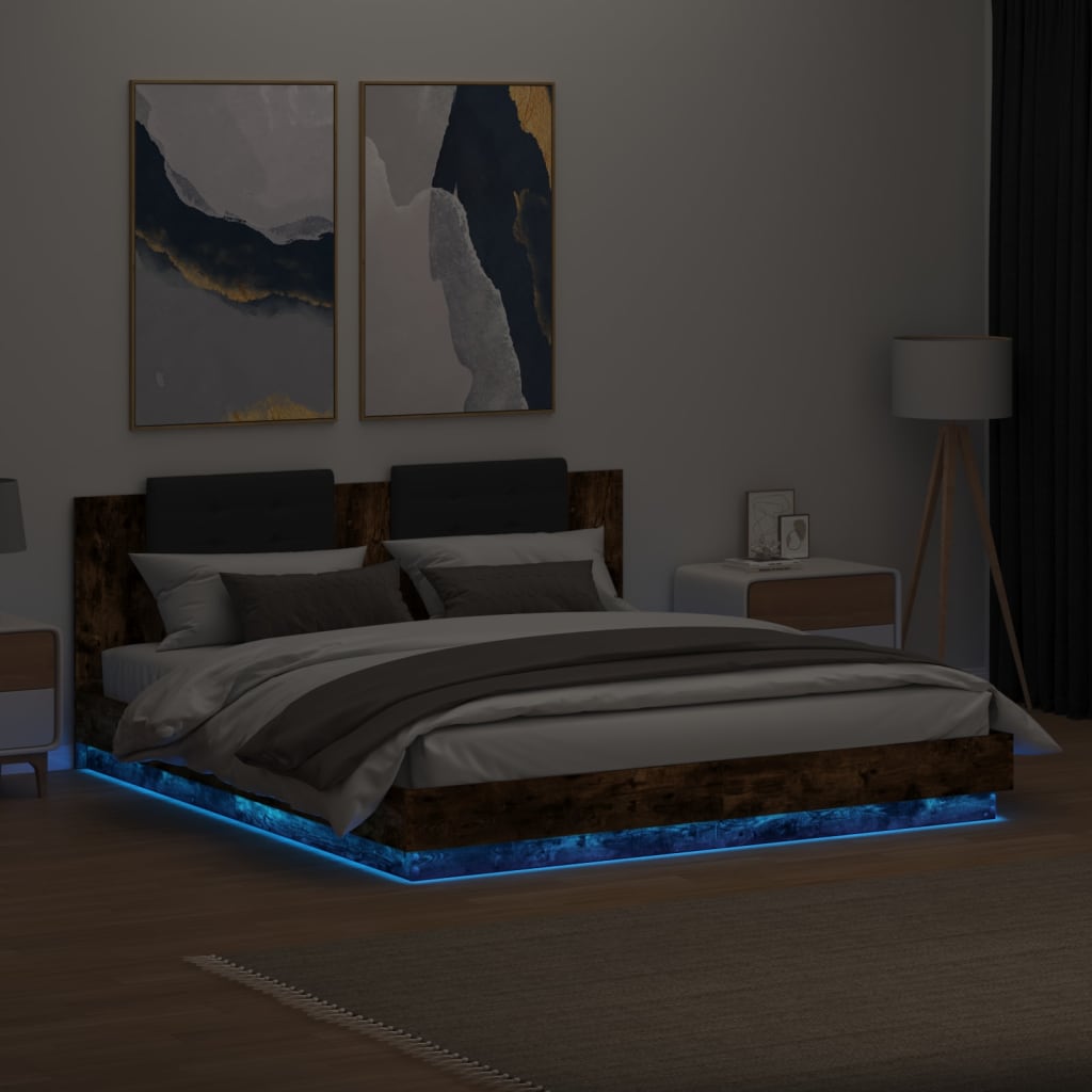vidaXL Rama łóżka z wezgłowiem i LED, przydymiony dąb, 200x200 cm