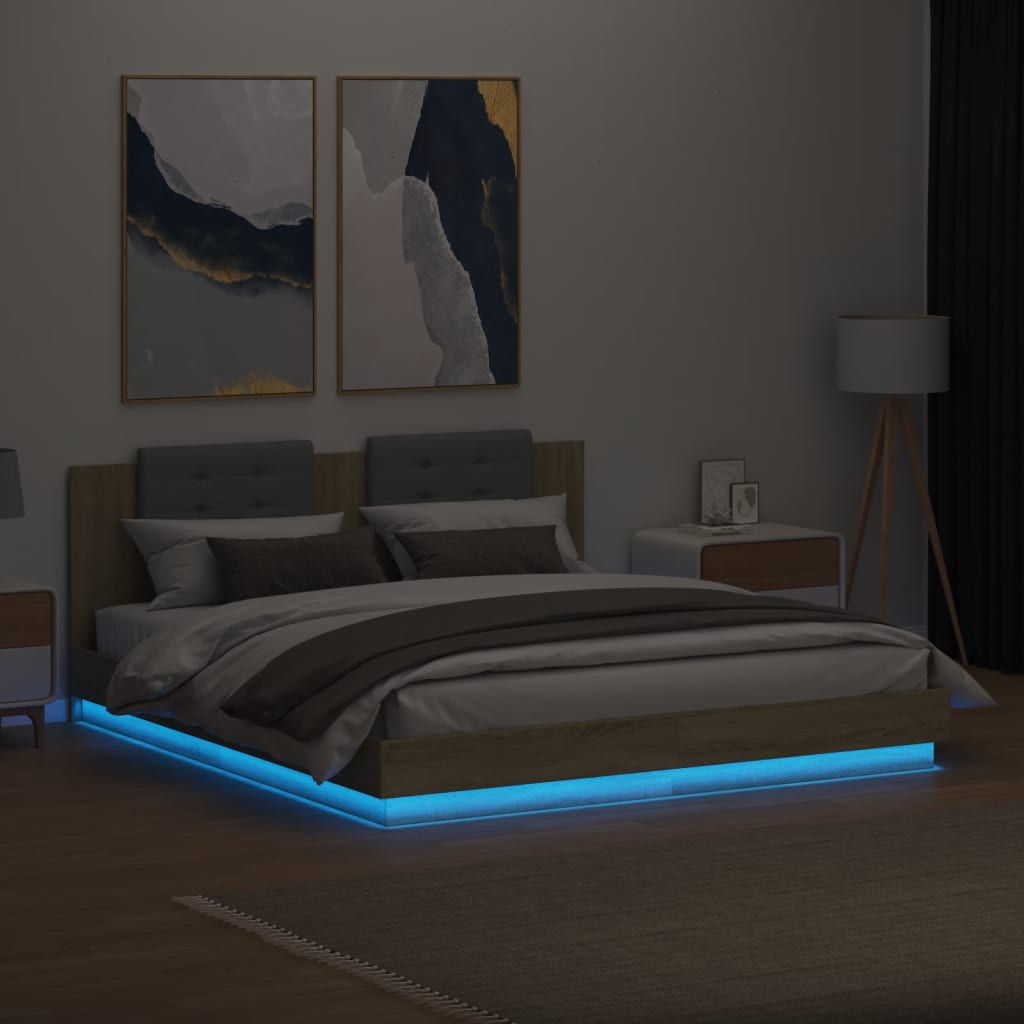vidaXL Rama łóżka z wezgłowiem i LED, dąb sonoma, 180x200 cm
