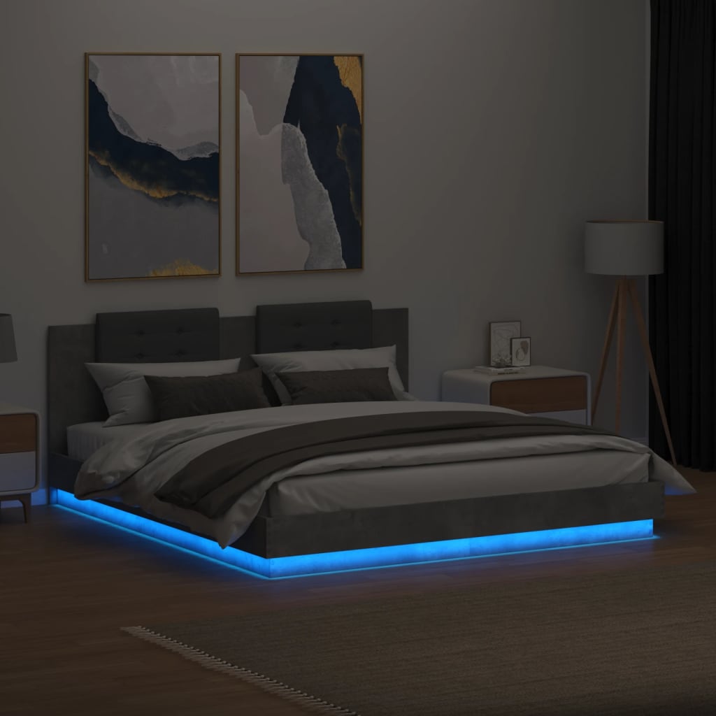 vidaXL Rama łóżka z wezgłowiem i LED, szarość betonu, 180x200 cm