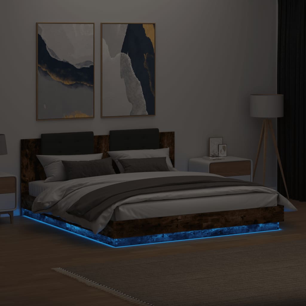 vidaXL Rama łóżka z wezgłowiem i LED, przydymiony dąb, 180x200 cm