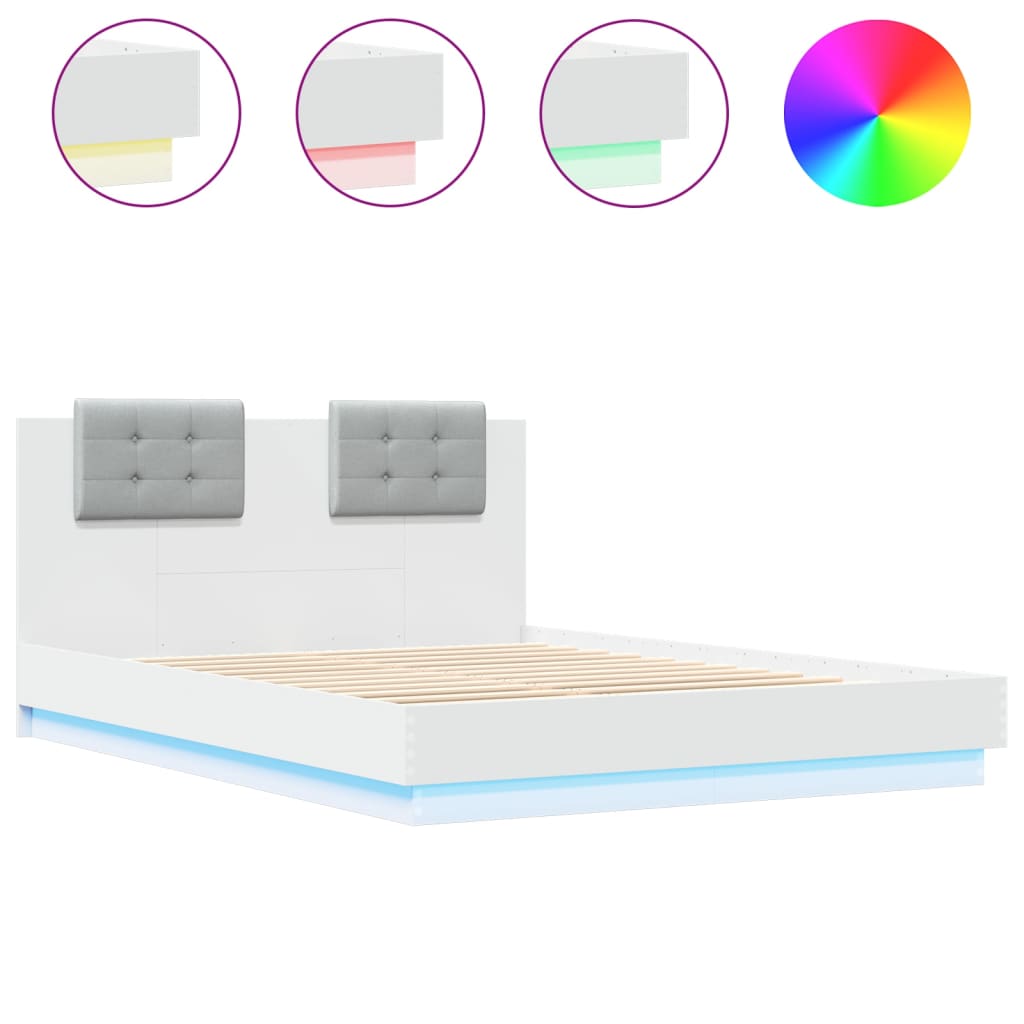 vidaXL Rama łóżka z wezgłowiem i LED, biała, 140x200 cm