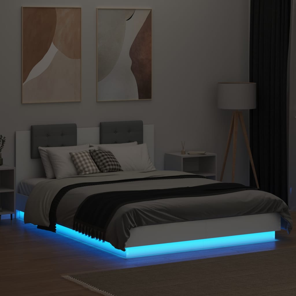 vidaXL Rama łóżka z wezgłowiem i LED, biała, 140x200 cm