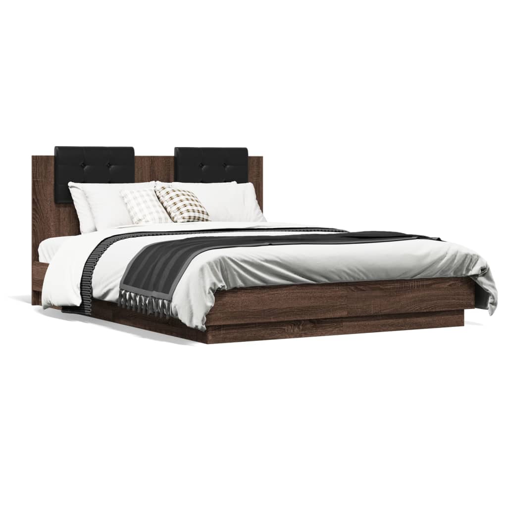 vidaXL Rama łóżka z wezgłowiem i LED, brązowy dąb, 120x190 cm