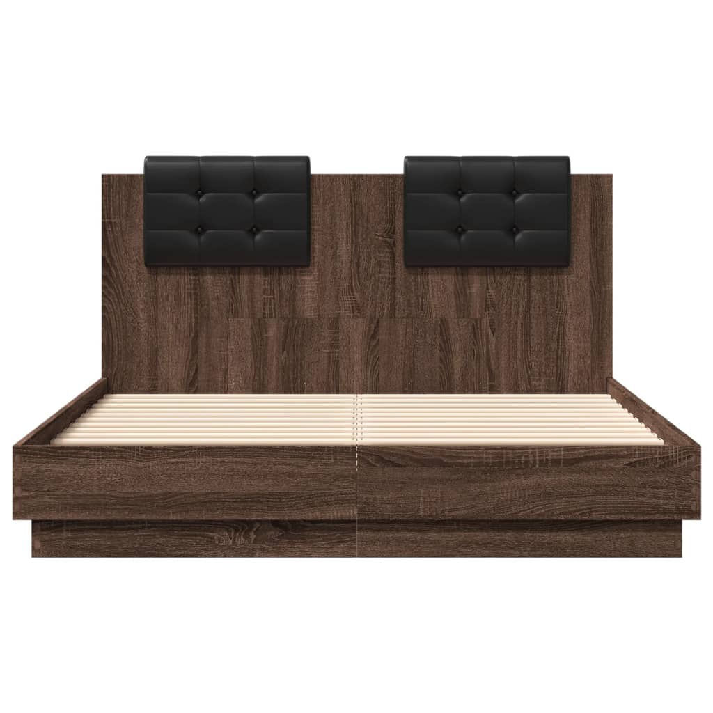 vidaXL Rama łóżka z wezgłowiem i LED, brązowy dąb, 120x190 cm