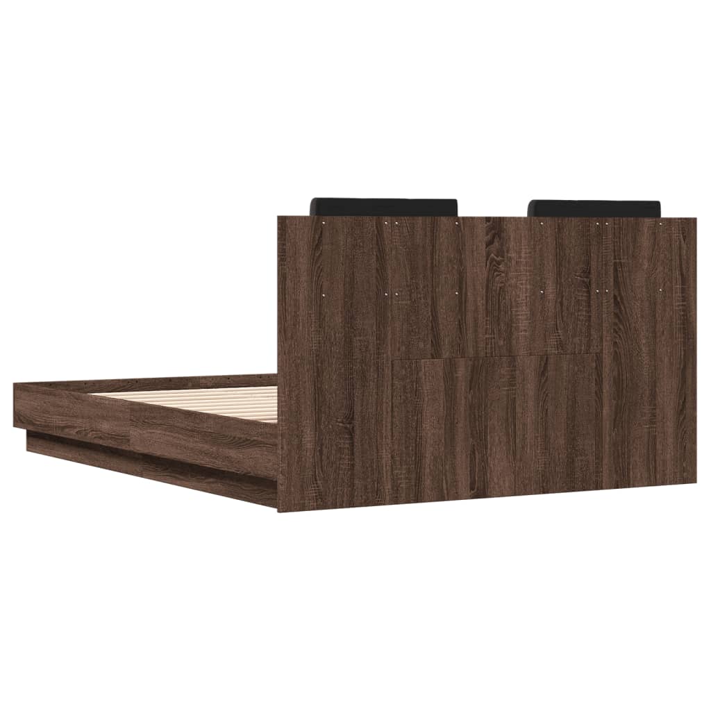 vidaXL Rama łóżka z wezgłowiem i LED, brązowy dąb, 120x190 cm