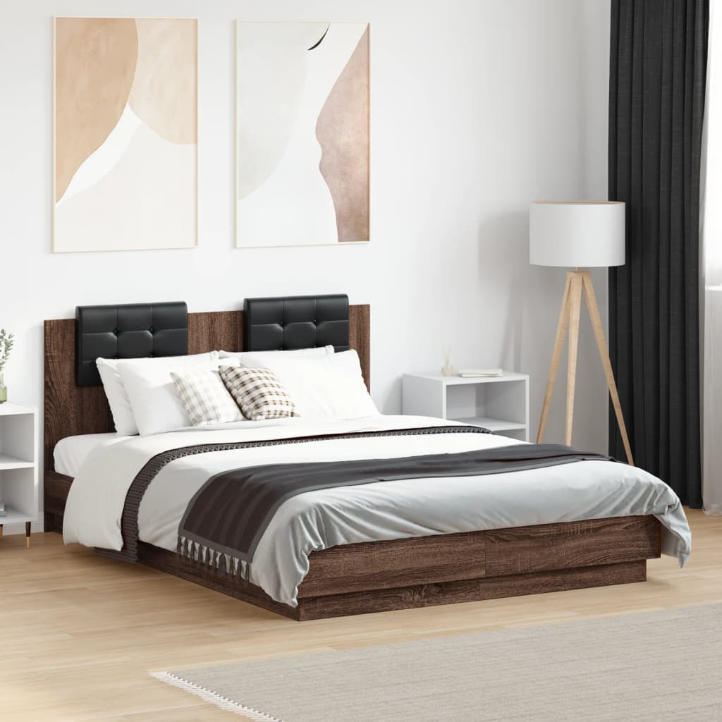 vidaXL Rama łóżka z wezgłowiem i LED, brązowy dąb, 120x190 cm