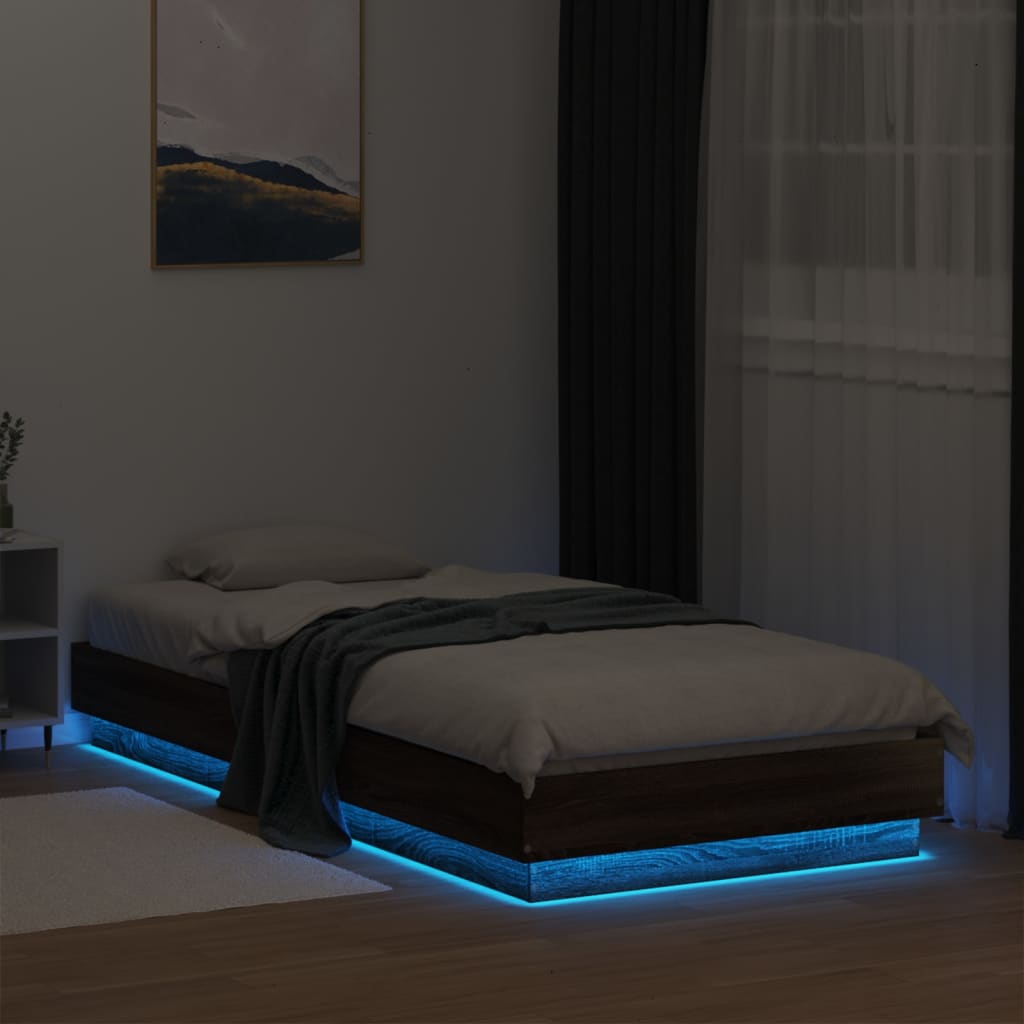 vidaXL Rama łóżka z oświetleniem LED, brązowy dąb, 100x200 cm