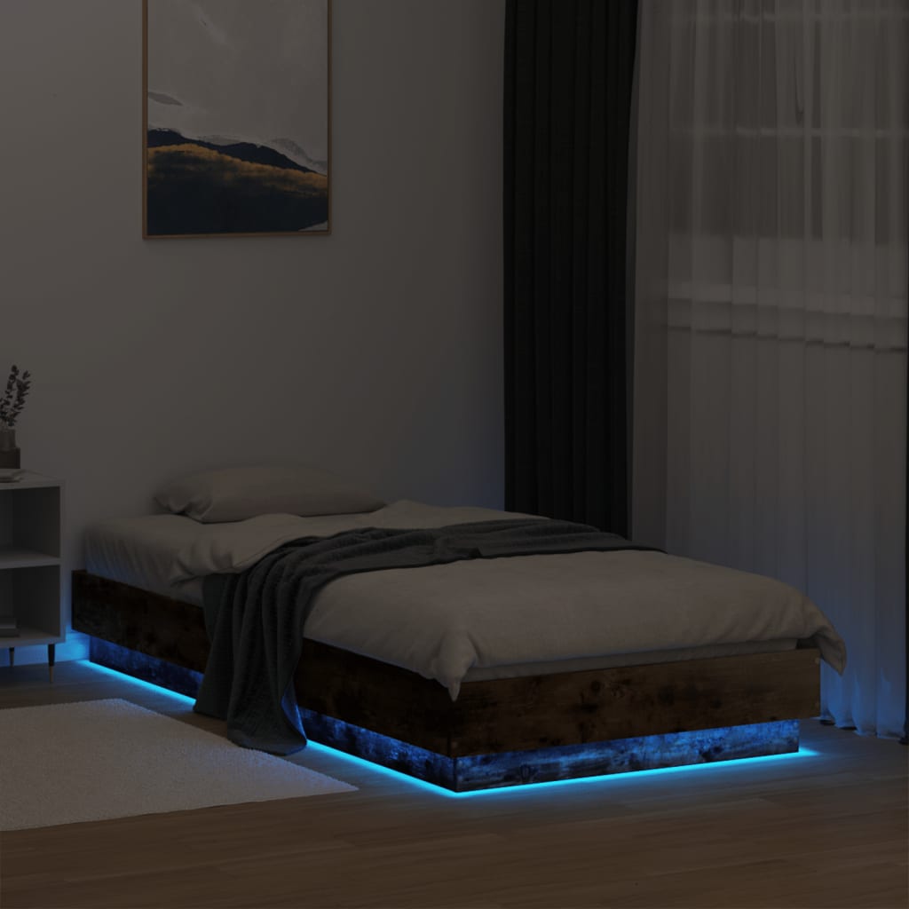 vidaXL Rama łóżka z oświetleniem LED, przydymiony dąb, 90x190 cm