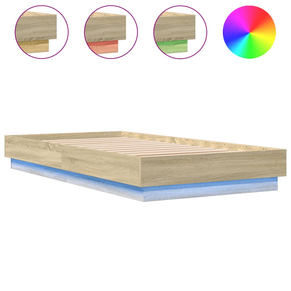 vidaXL Rama łóżka z oświetleniem LED, dąb sonoma, 75x190 cm