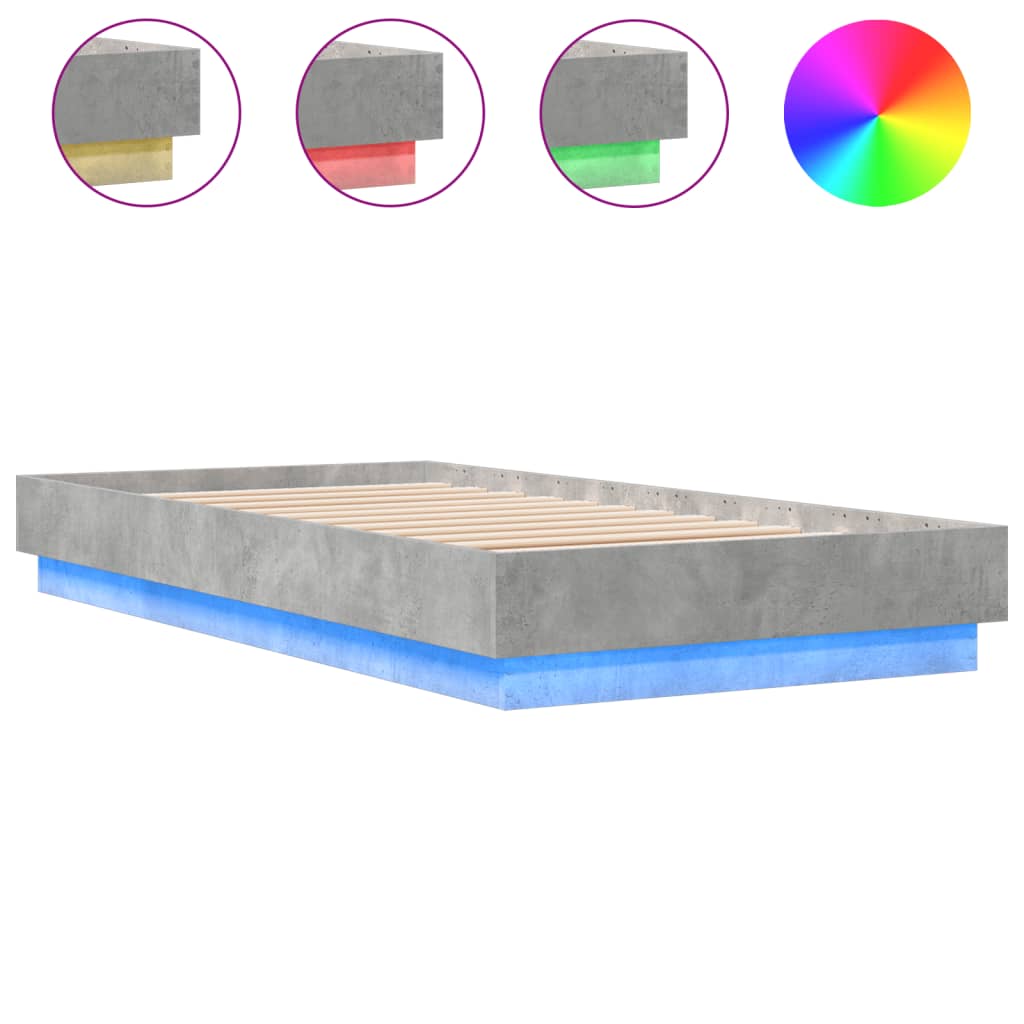 vidaXL Rama łóżka z oświetleniem LED, szarość betonu, 75x190 cm
