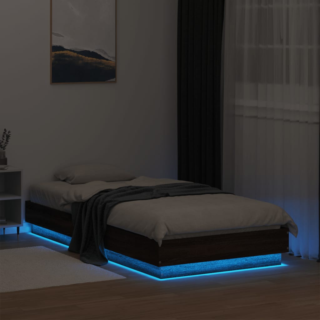 vidaXL Rama łóżka z oświetleniem LED, brązowy dąb, 75x190 cm