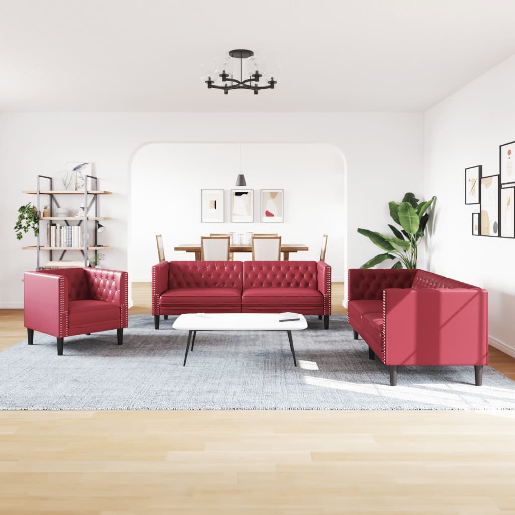 vidaXL 3-cz. zestaw wypoczynkowy Chesterfield, bordowy, sztuczna skóra