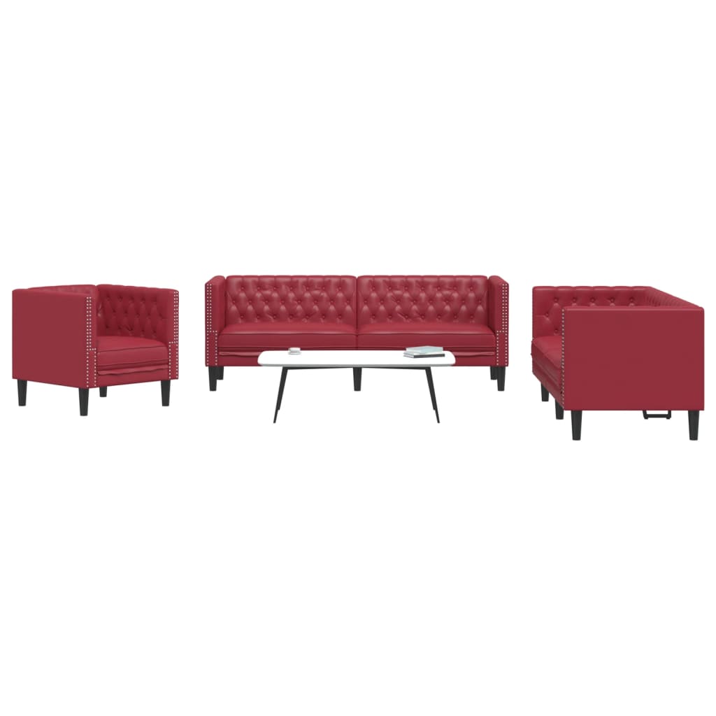 vidaXL 3-cz. zestaw wypoczynkowy Chesterfield, bordowy, sztuczna skóra