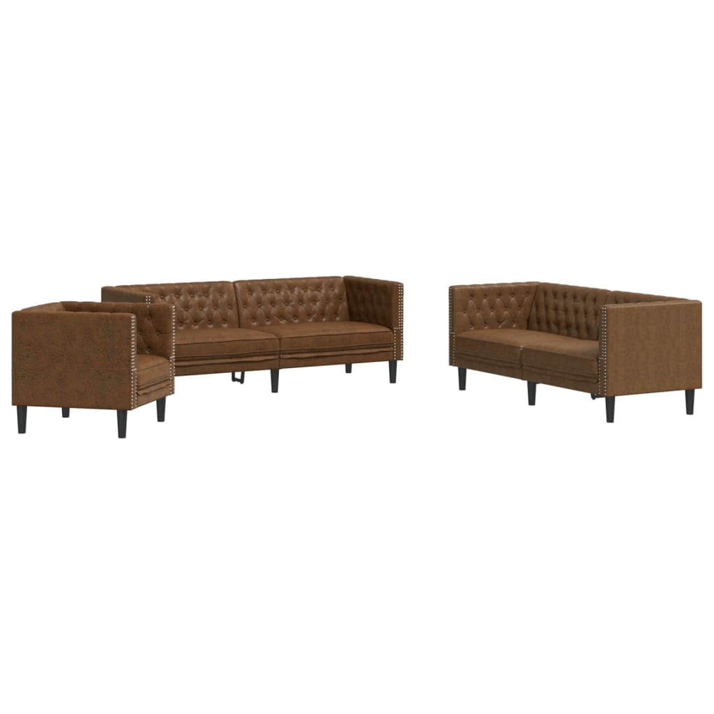 vidaXL 3-cz. zestaw Chesterfield, brązowy, sztuczna skóra zamszowa