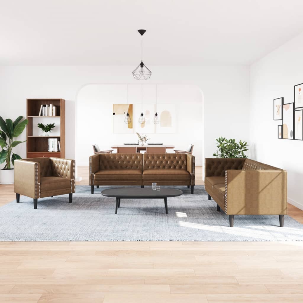 vidaXL 3-cz. zestaw Chesterfield, brązowy, sztuczna skóra zamszowa