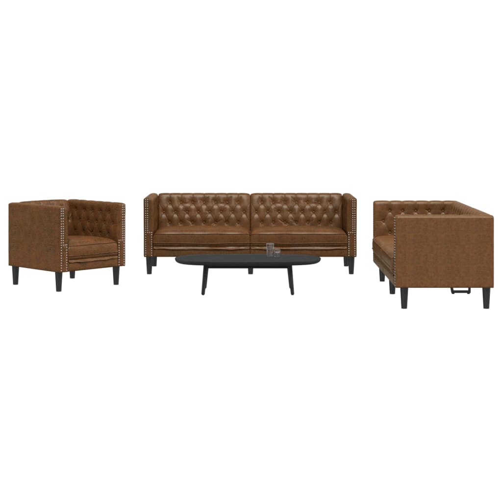 vidaXL 3-cz. zestaw Chesterfield, brązowy, sztuczna skóra zamszowa