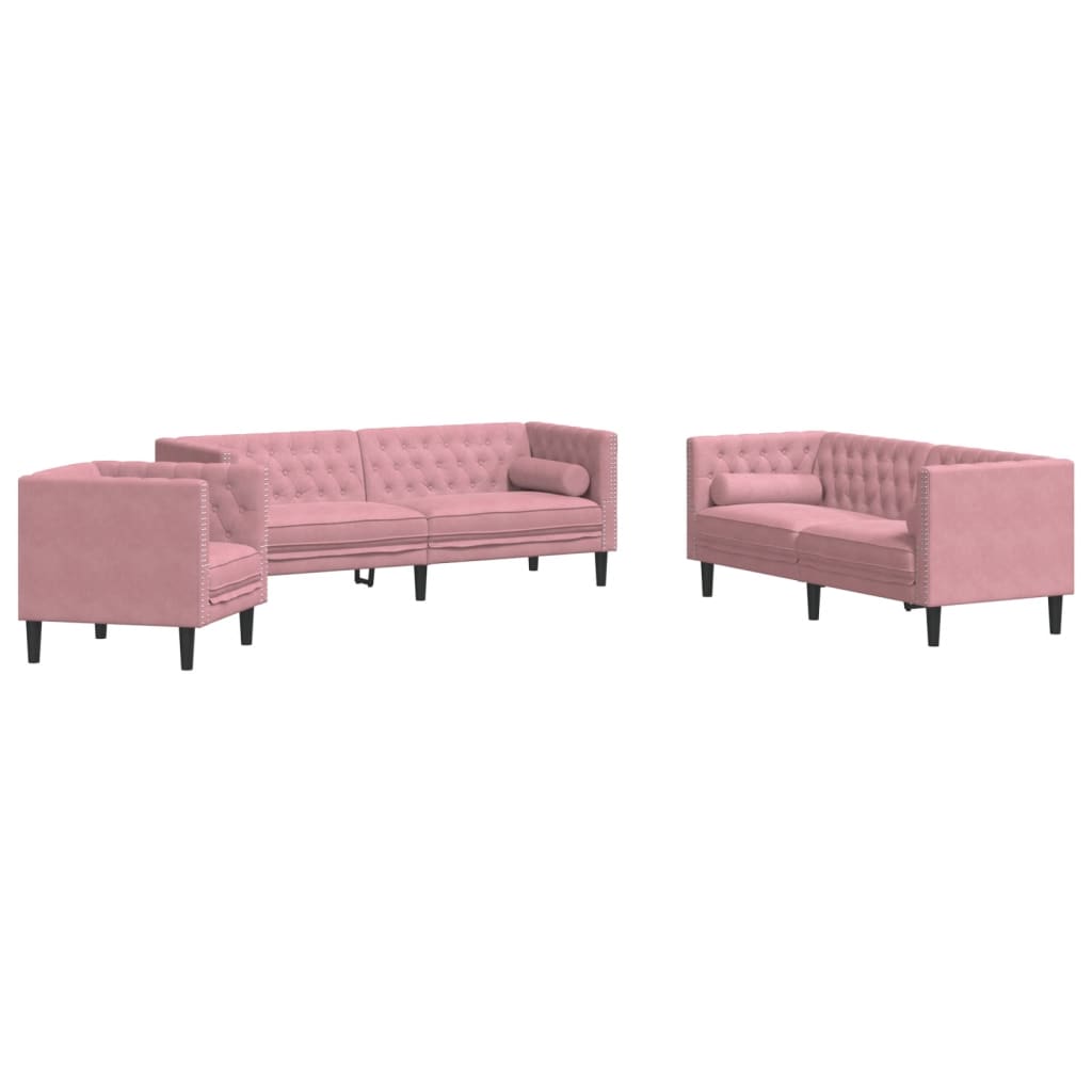 vidaXL 3-cz. wypoczynek Chesterfield z wałkami, różowy, aksamit