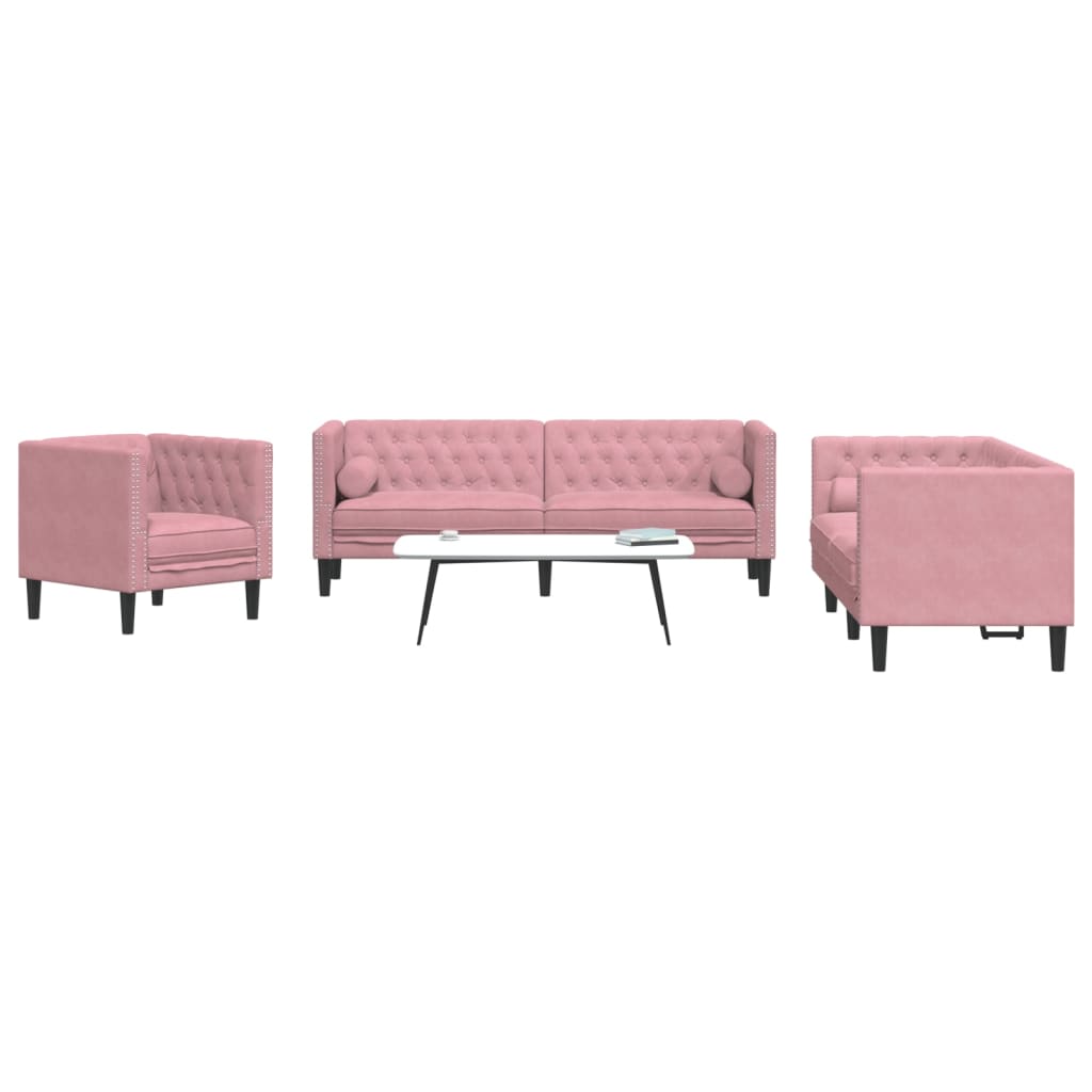 vidaXL 3-cz. wypoczynek Chesterfield z wałkami, różowy, aksamit