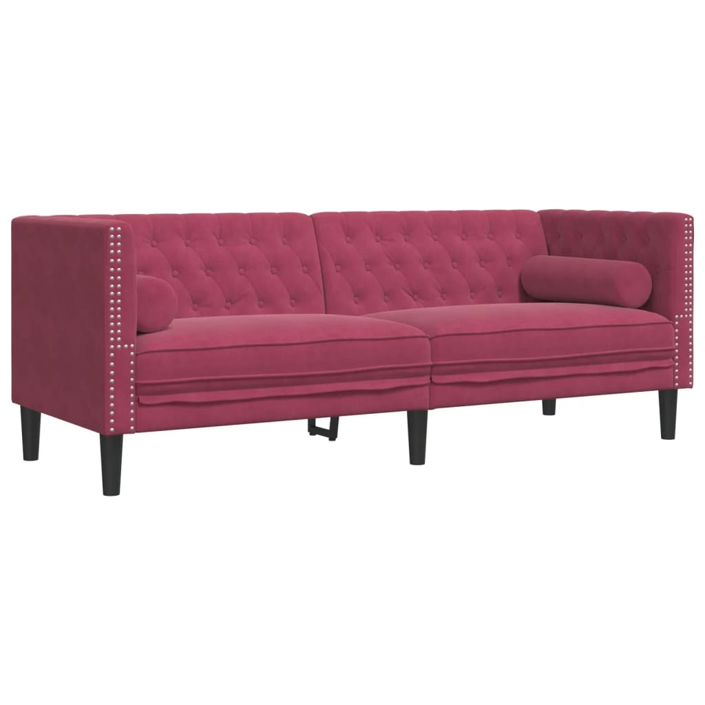 vidaXL 3-cz. wypoczynek Chesterfield z wałkami, bordowy, aksamit