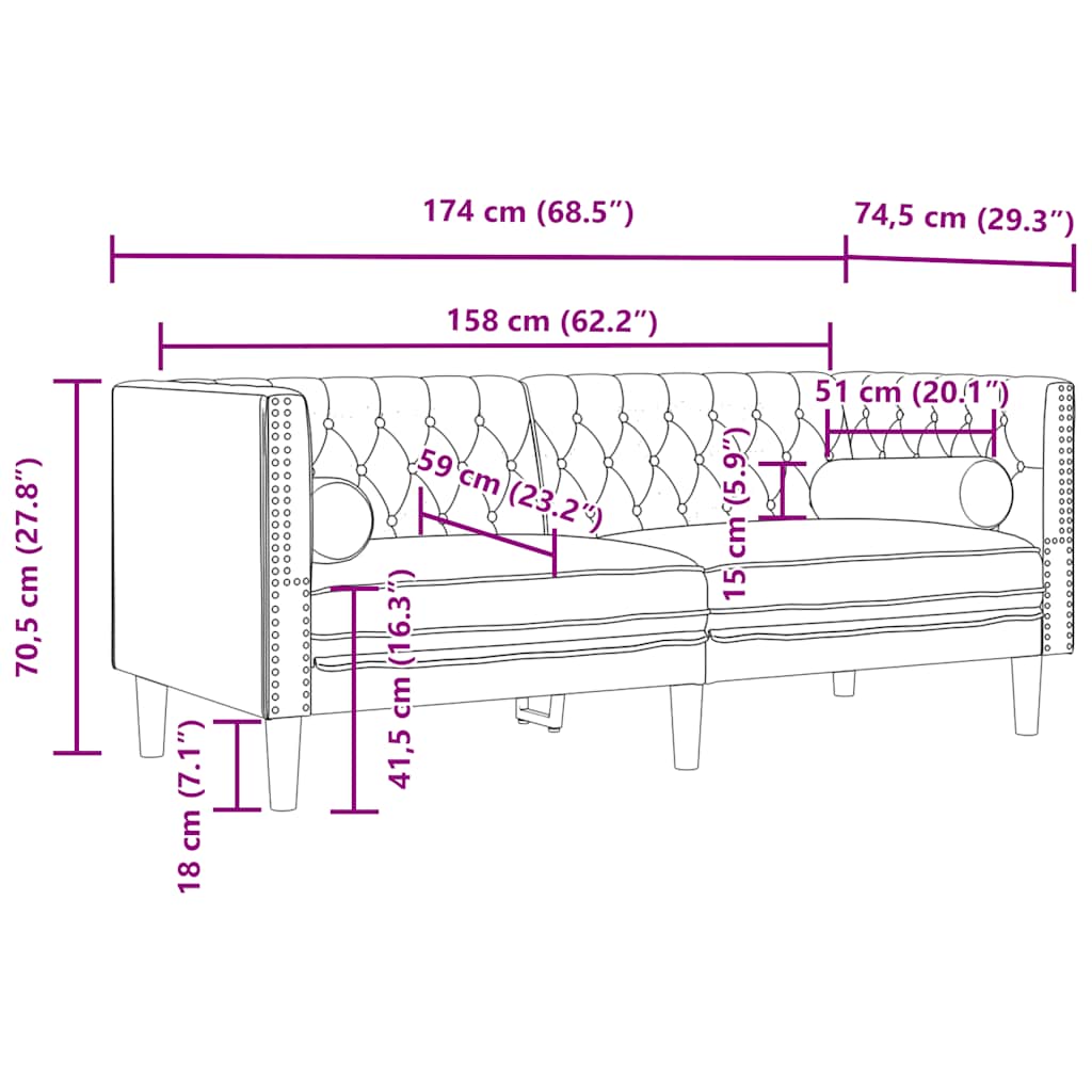 vidaXL 3-cz. wypoczynek Chesterfield z wałkami, kremowy, aksamit