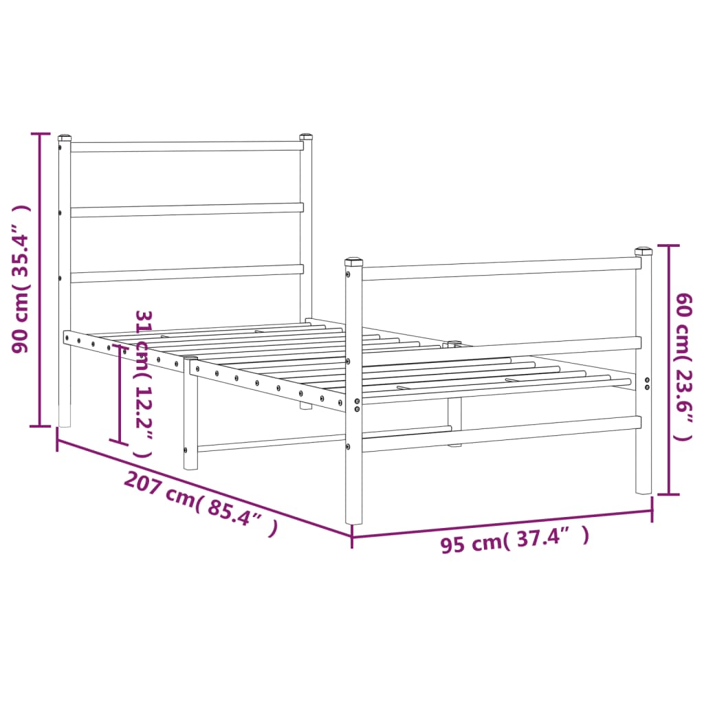 vidaXL Metalowa rama łóżka z wezgłowiem i zanóżkiem, czarna, 90x200 cm