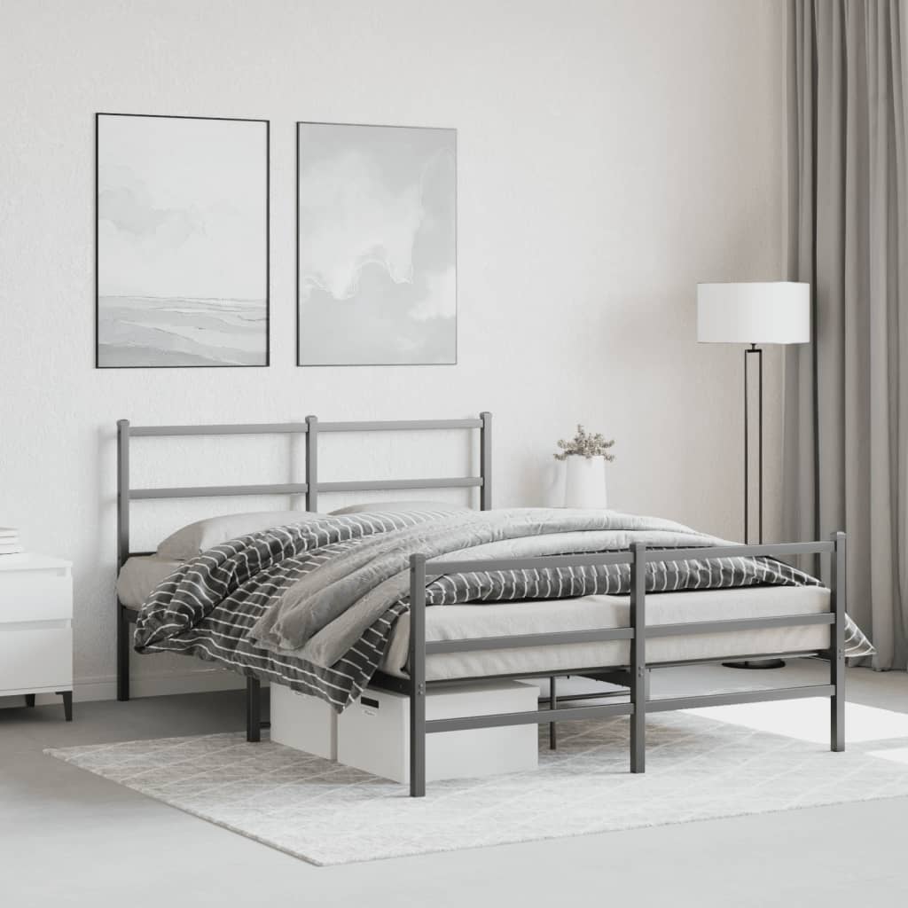 vidaXL Metalowa rama łóżka z wezgłowiem i zanóżkiem, czarna, 135x190cm