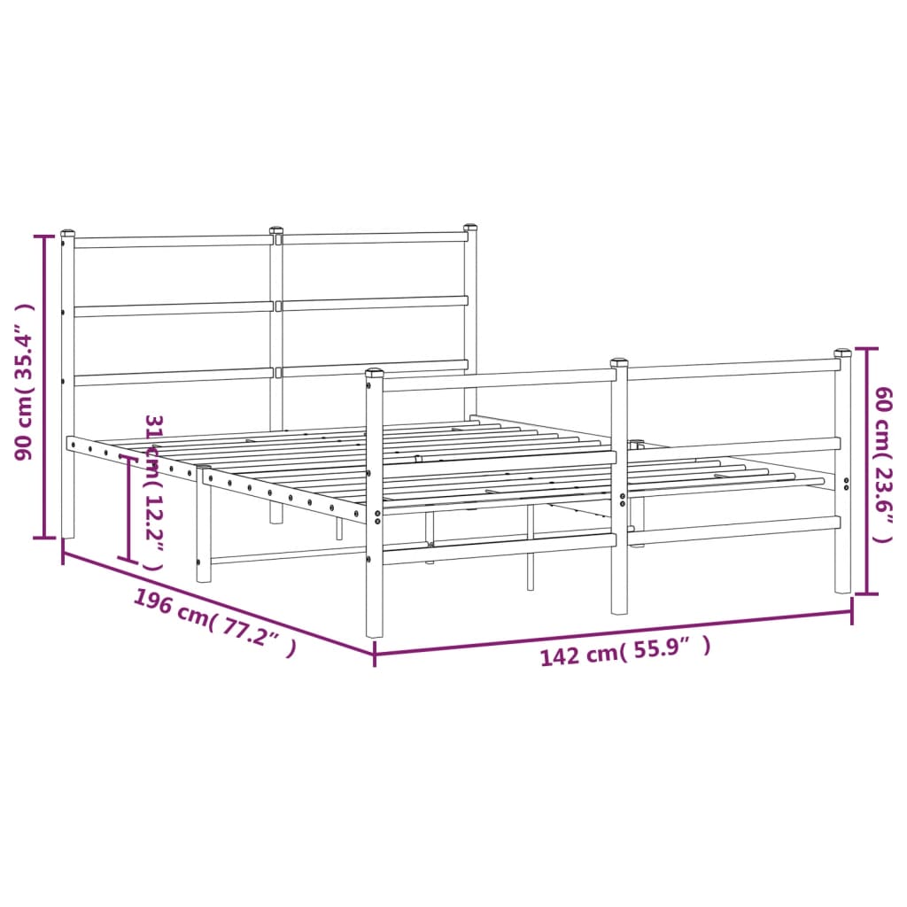 vidaXL Metalowa rama łóżka z wezgłowiem i zanóżkiem, biała, 135x190 cm