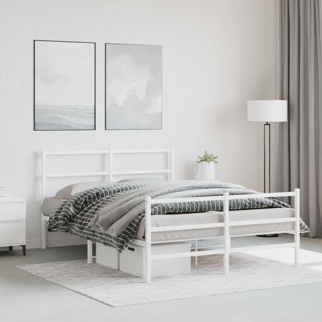 vidaXL Metalowa rama łóżka z wezgłowiem i zanóżkiem, biała, 140x200 cm