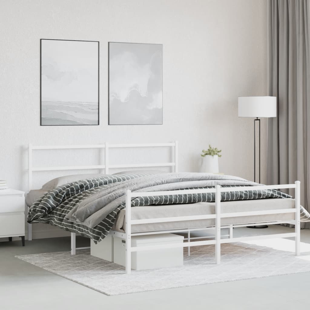 vidaXL Metalowa rama łóżka z wezgłowiem i zanóżkiem, biała, 150x200 cm