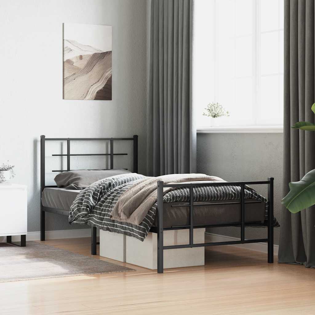 vidaXL Metalowa rama łóżka z wezgłowiem i zanóżkiem, czarna, 90x200 cm