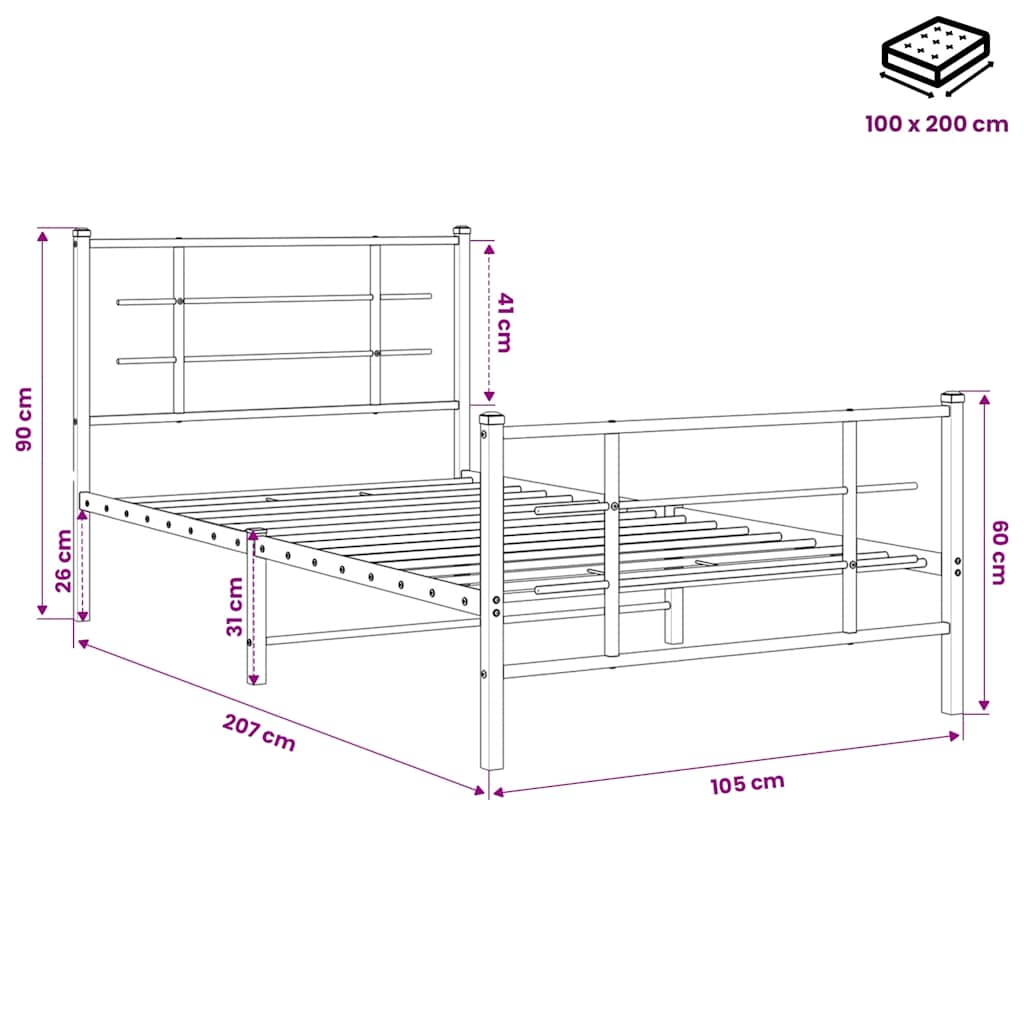 vidaXL Metalowa rama łóżka z wezgłowiem i zanóżkiem, czarna, 100x200cm