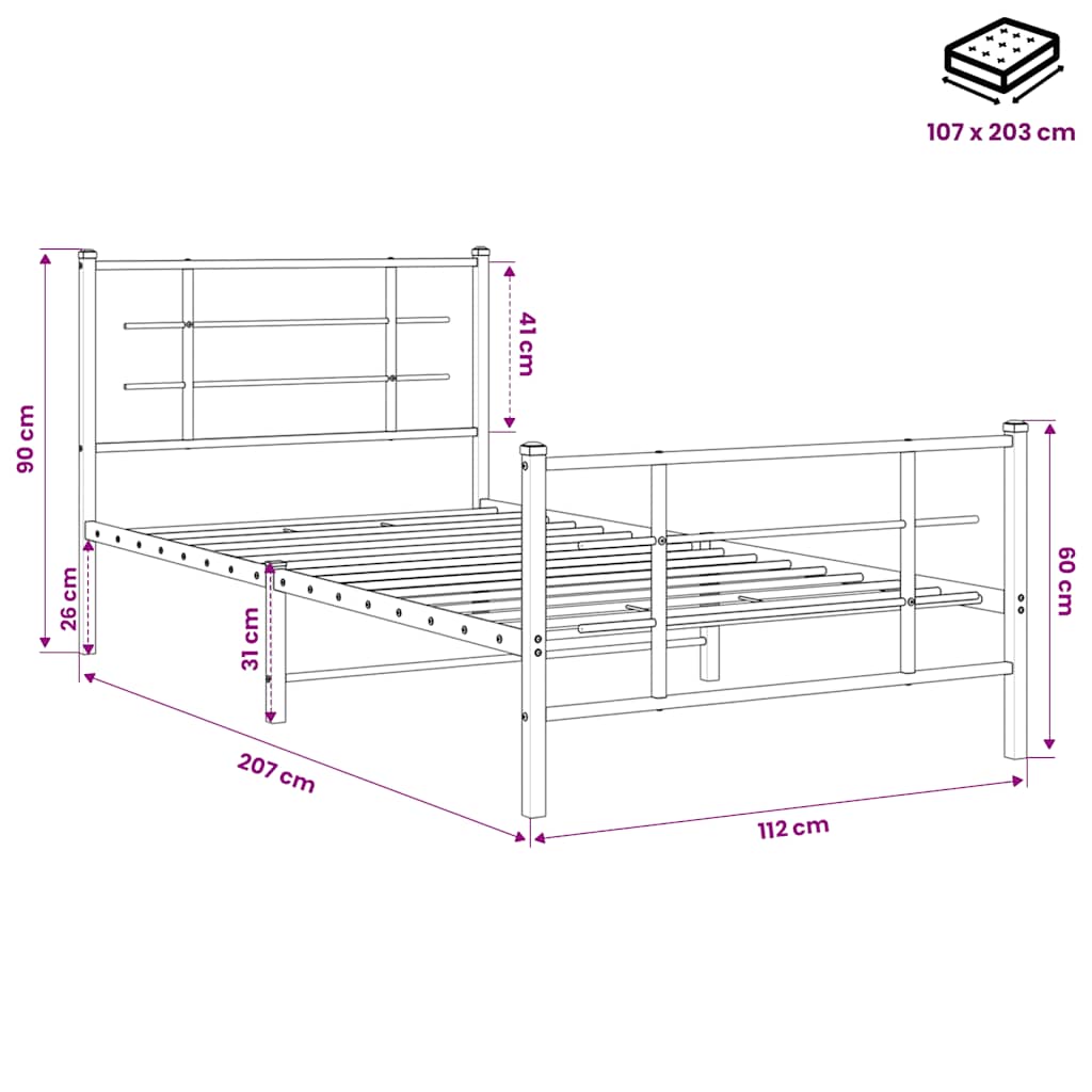 vidaXL Metalowa rama łóżka z wezgłowiem i zanóżkiem, czarna, 107x203cm