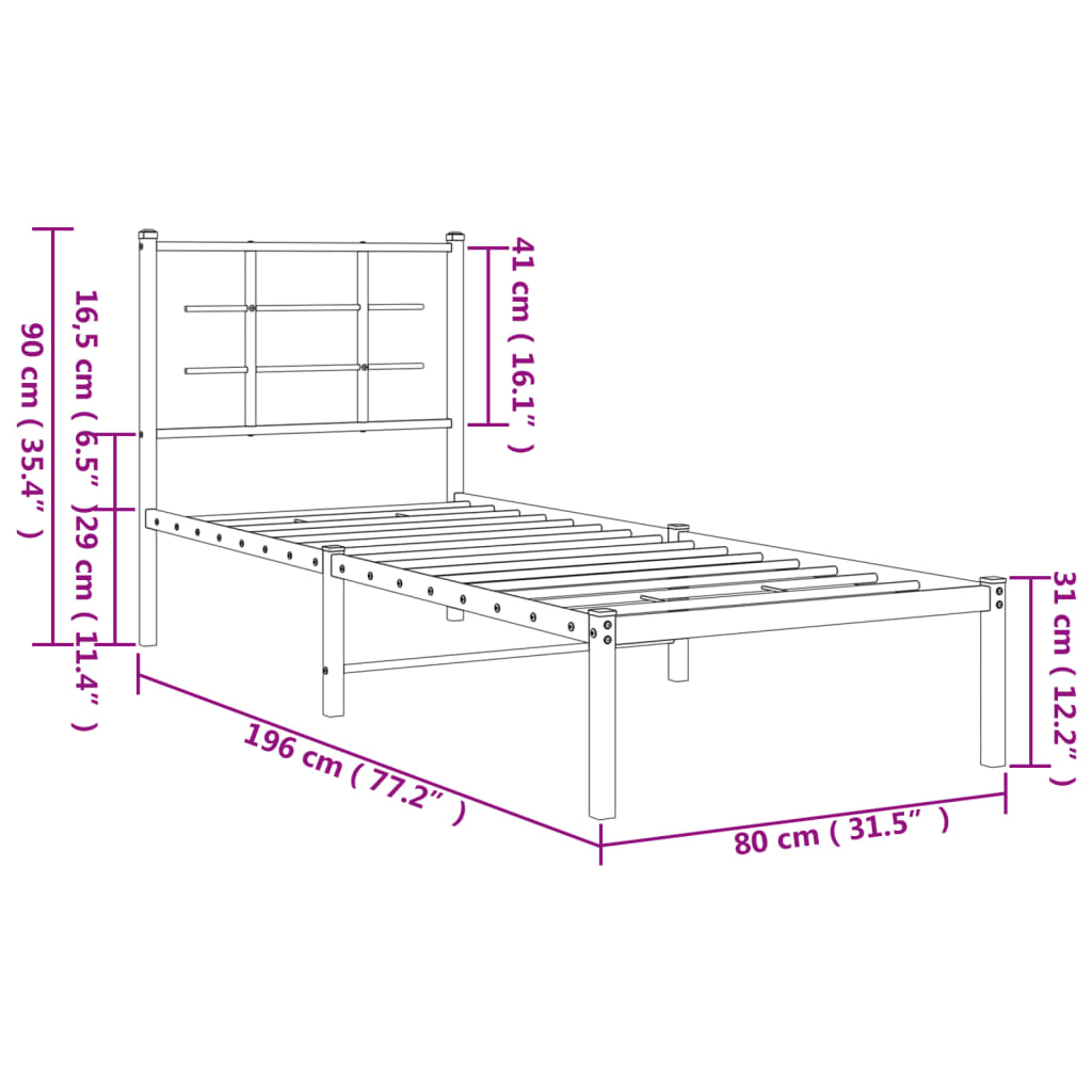 vidaXL Metalowe łóżko z wezgłowiem, bez materaca, białe, 75x190 cm