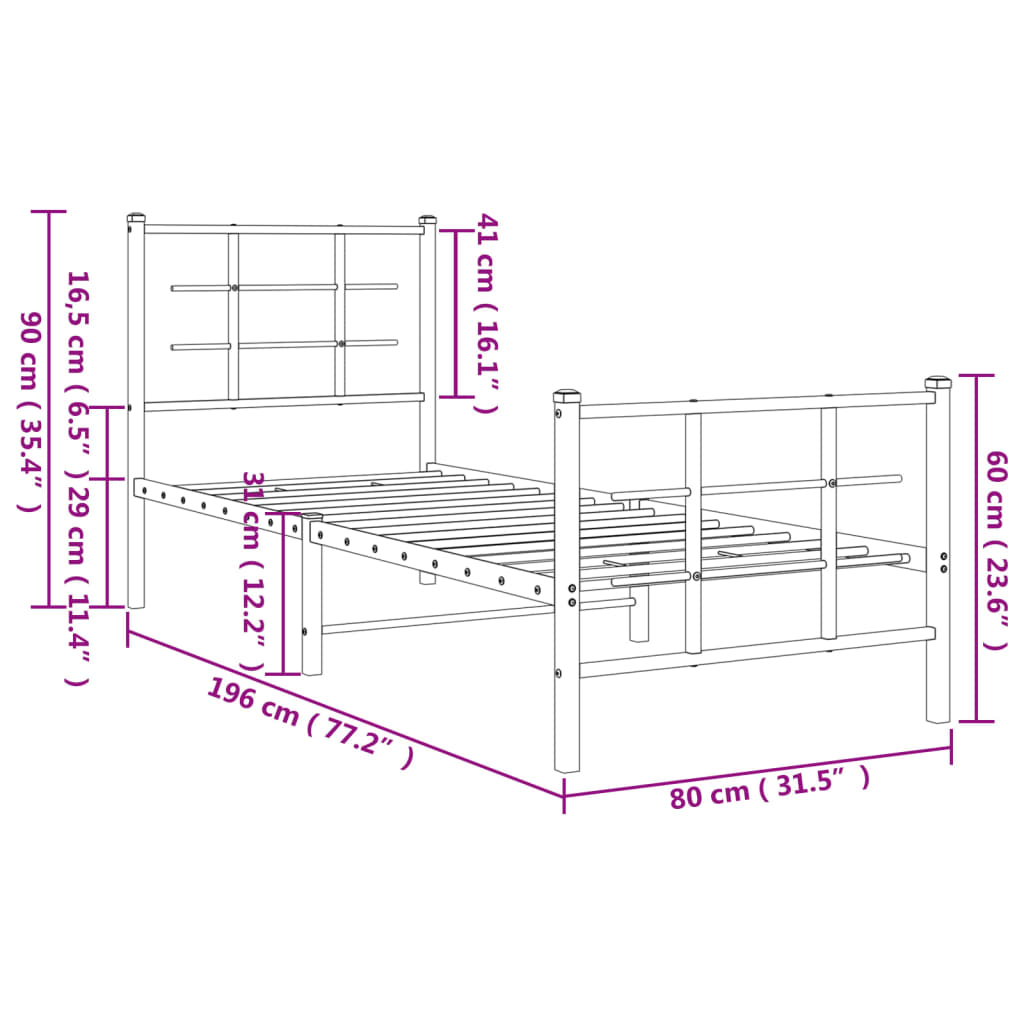 vidaXL Metalowa rama łóżka z wezgłowiem i zanóżkiem, biała, 75x190 cm