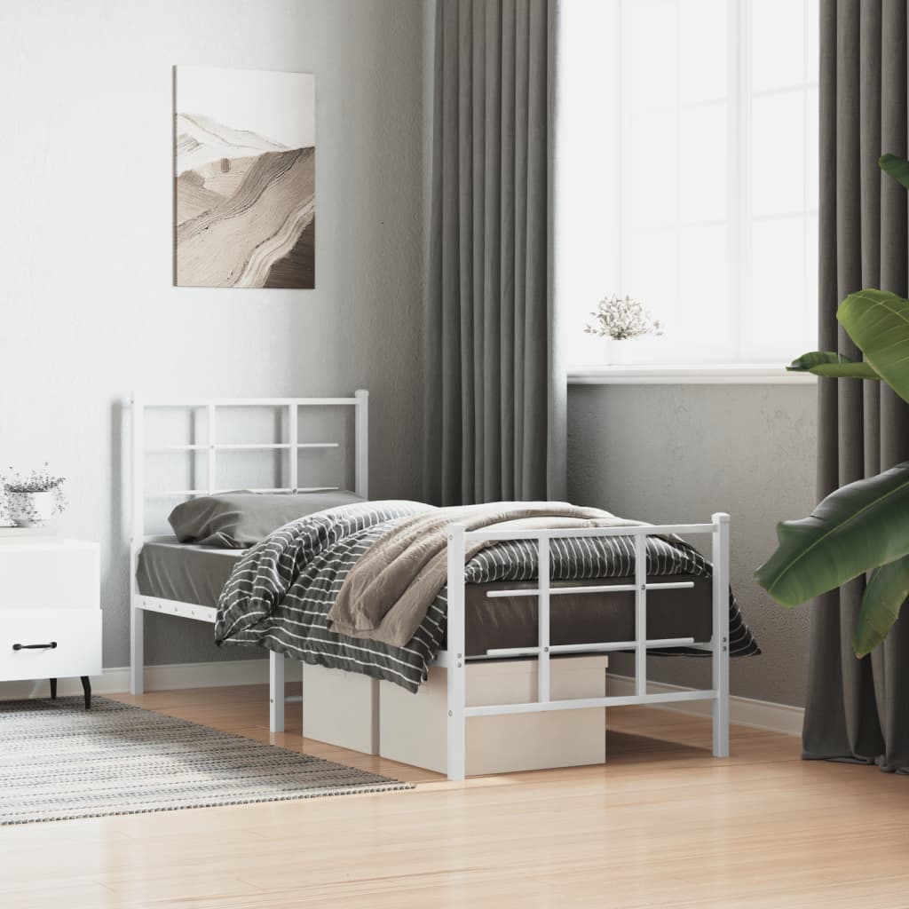 vidaXL Metalowa rama łóżka z wezgłowiem i zanóżkiem, biała, 75x190 cm