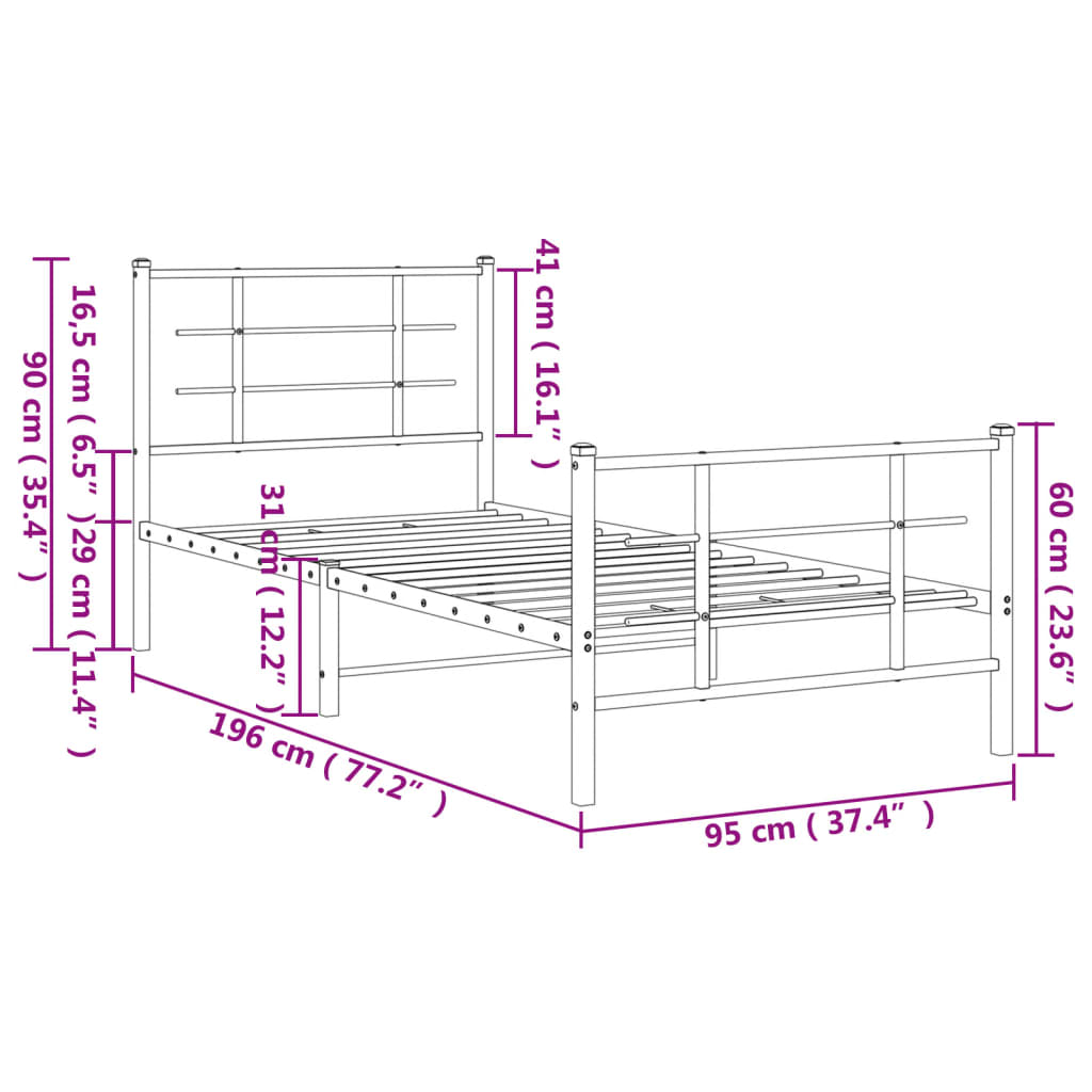 vidaXL Metalowa rama łóżka z wezgłowiem i zanóżkiem, biała, 90x190 cm