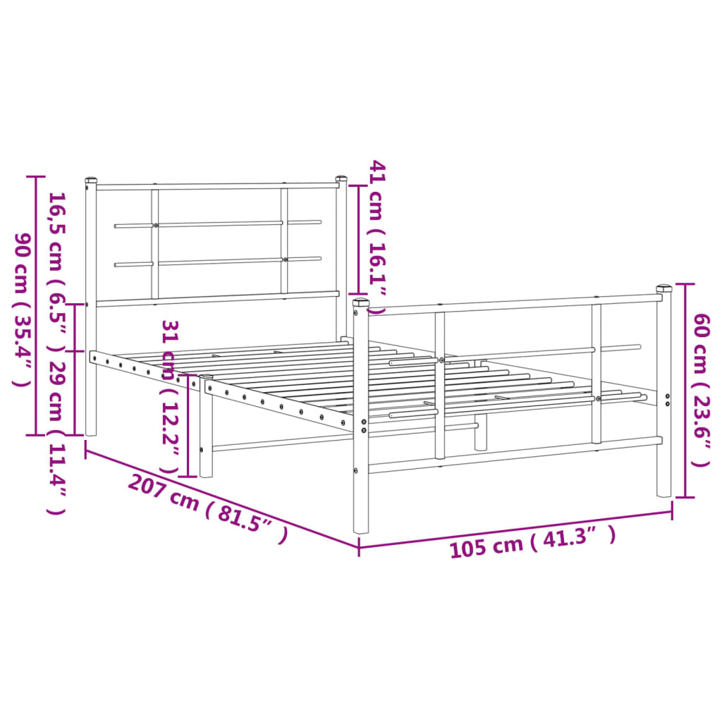 vidaXL Metalowa rama łóżka z wezgłowiem i zanóżkiem, biała, 100x200 cm