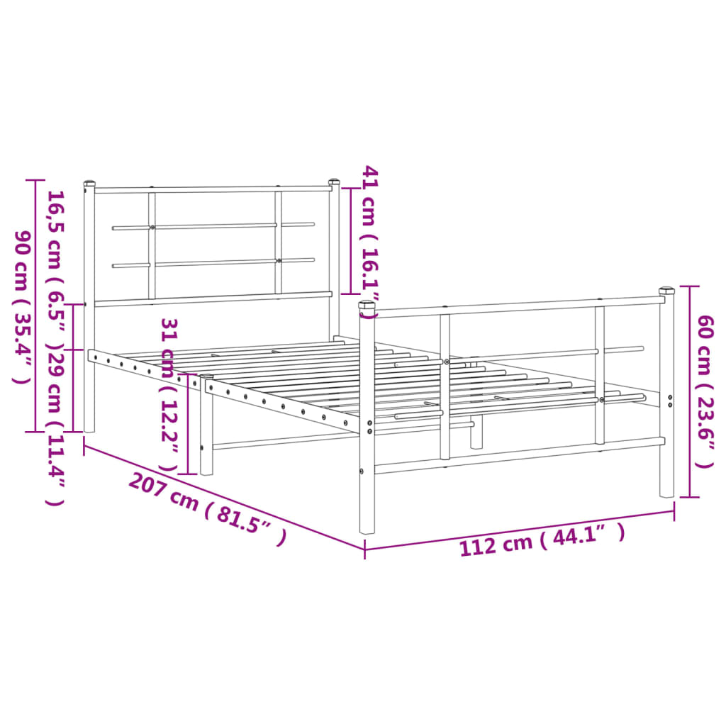 vidaXL Metalowa rama łóżka z wezgłowiem i zanóżkiem, biała, 107x203 cm